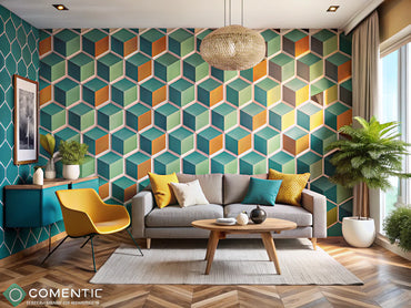 Modern interior with geometric wallpaper accent wall showcasing vibrant patterns and contemporary decor.