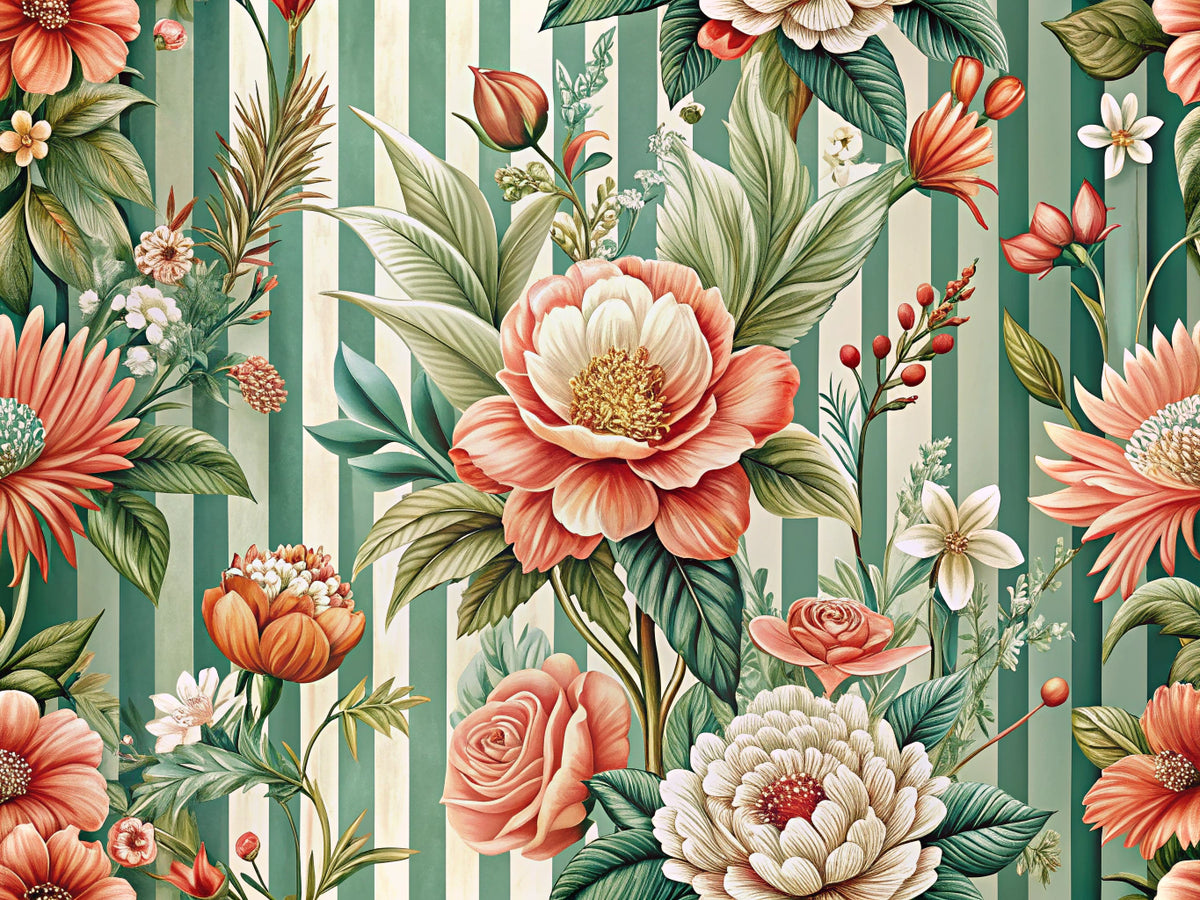 A vibrant feature image showcasing intricate floral motifs in coral, ivory, and sage hues, reflecting the bold accent style of the Floral Majesty wallpaper for modern home decor in 2025.