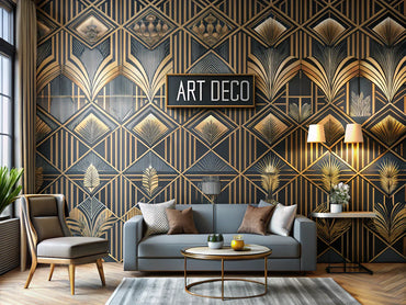 A stylish interior featuring modern wallpaper designs with geometric patterns and Art Deco styles, showcasing contemporary elegance.
