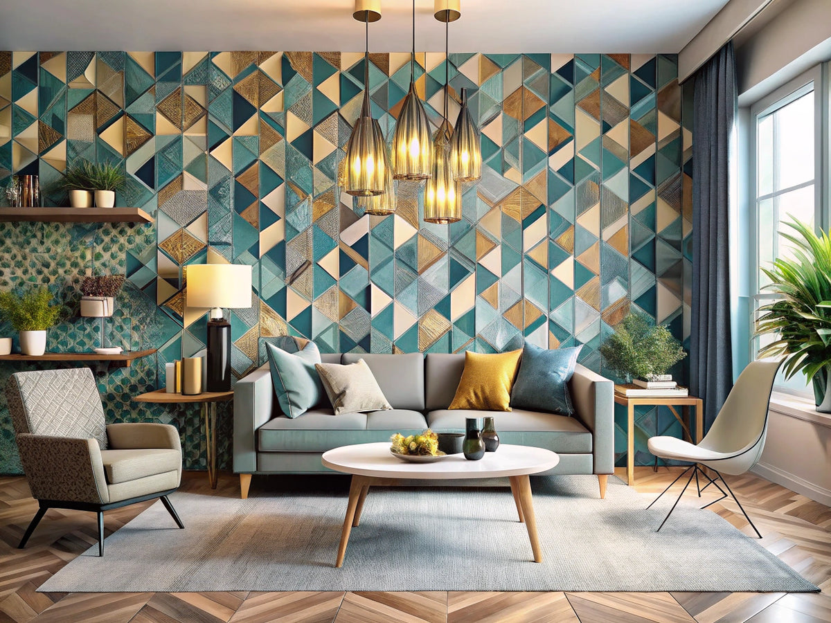 Modern interior featuring geometric wallpaper trends with a focus on modern mosaic designs.