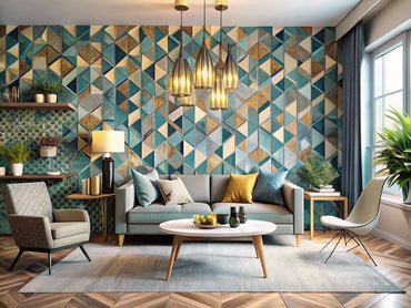 Modern interior featuring geometric wallpaper trends with a focus on modern mosaic designs.