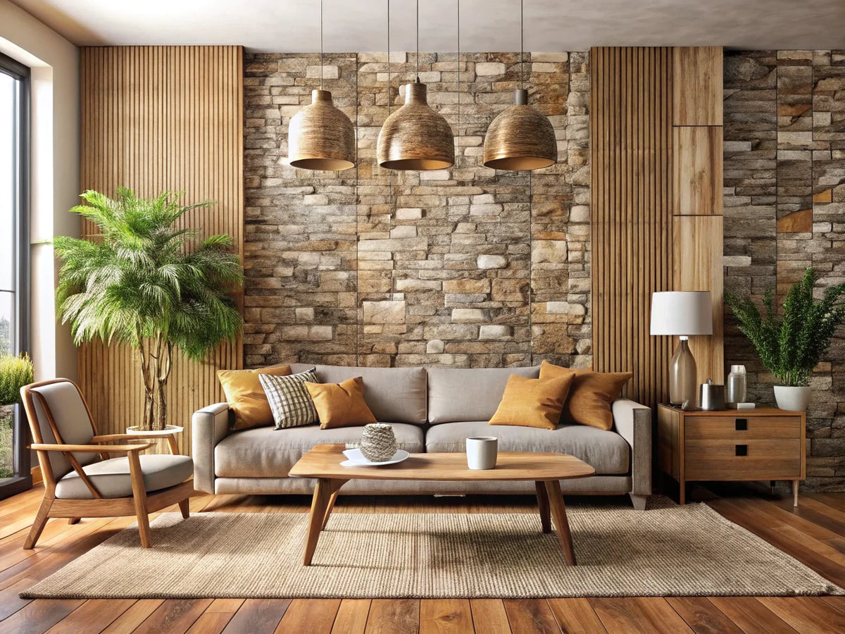 Cozy living room with textured wallpaper accent wall, showcasing depth and character in home decor.