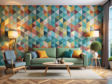 Modern living room with bold geometric pattern wallpaper feature wall