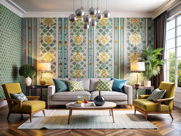 A stylish and modern living room showcasing a variety of wallpaper designs with different patterns and colors to transform a home interior.