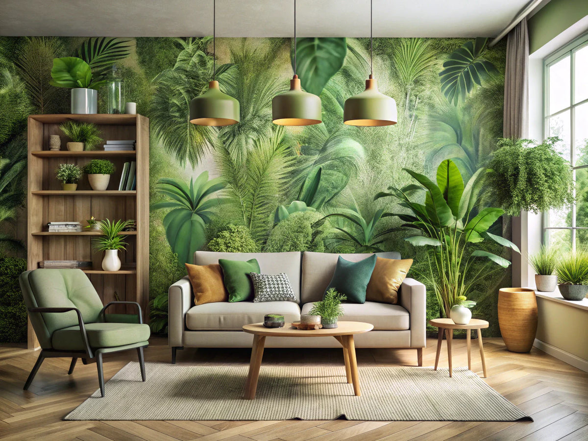 A stylish and modern room featuring eco-friendly wallpaper with a green and earthy color palette, highlighting natural and sustainable design elements.