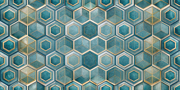 Shimmering blue hexagons with gold outlines